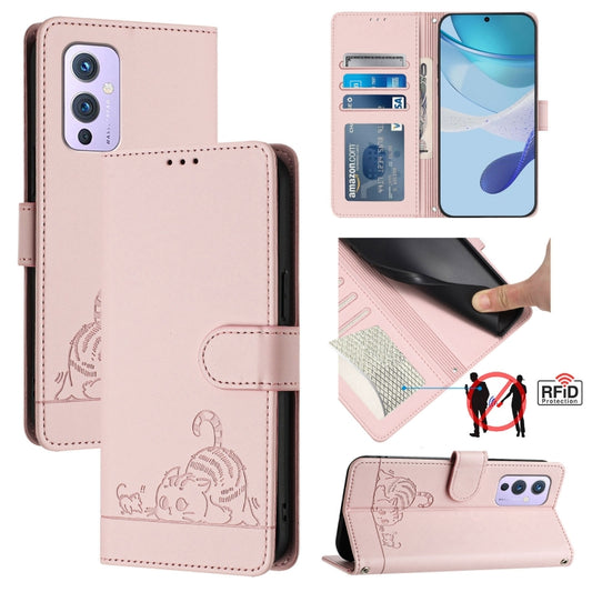 For OnePlus 9 Cat Rat Embossed Pattern RFID Leather Phone Case with Lanyard(Pink) by buy2fix