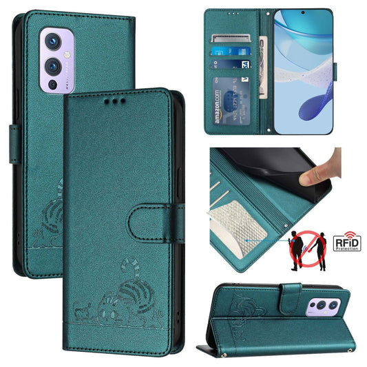 For OnePlus 9 Cat Rat Embossed Pattern RFID Leather Phone Case with Lanyard(Peacock Green) by buy2fix