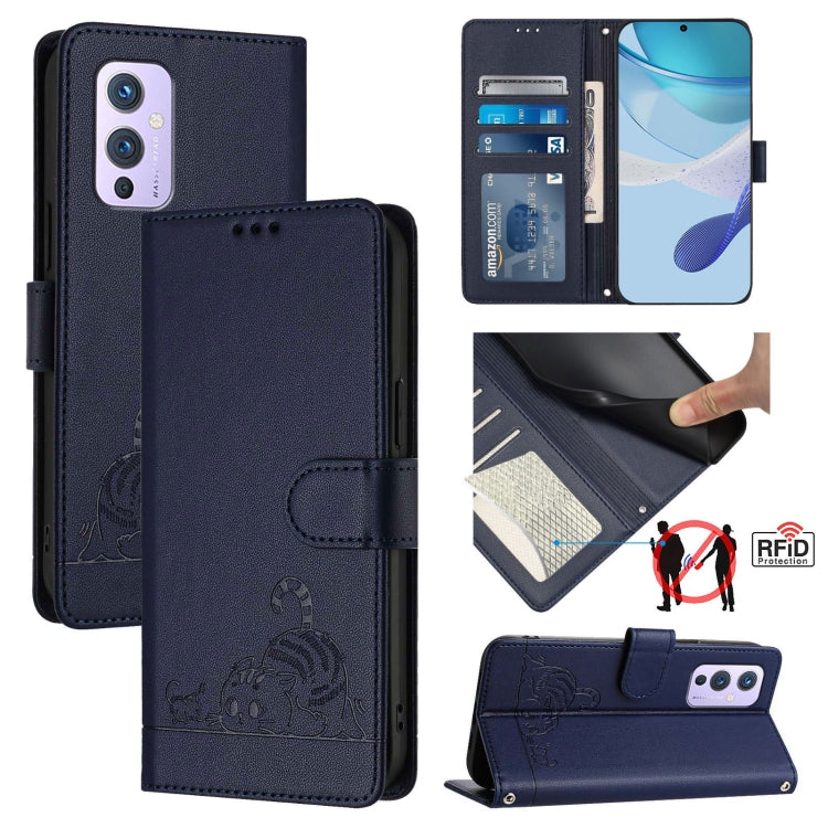 For OnePlus 9 Cat Rat Embossed Pattern RFID Leather Phone Case with Lanyard(Blue) by buy2fix