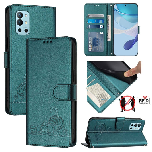 For OnePlus 9R / 8T Cat Rat Embossed Pattern RFID Leather Phone Case with Lanyard(Peacock Green) by buy2fix