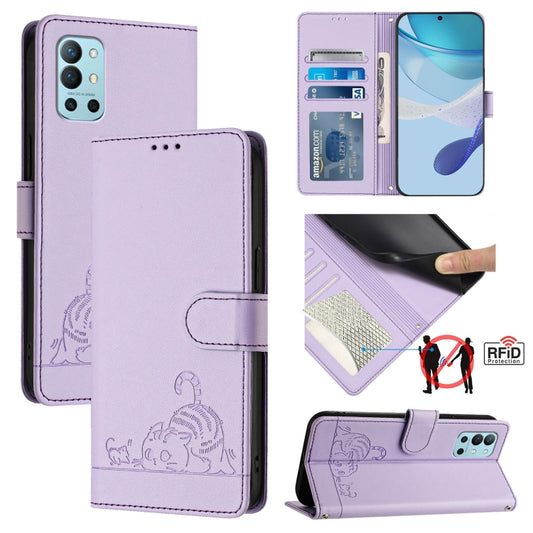 For OnePlus 9R / 8T Cat Rat Embossed Pattern RFID Leather Phone Case with Lanyard(Purple) by buy2fix