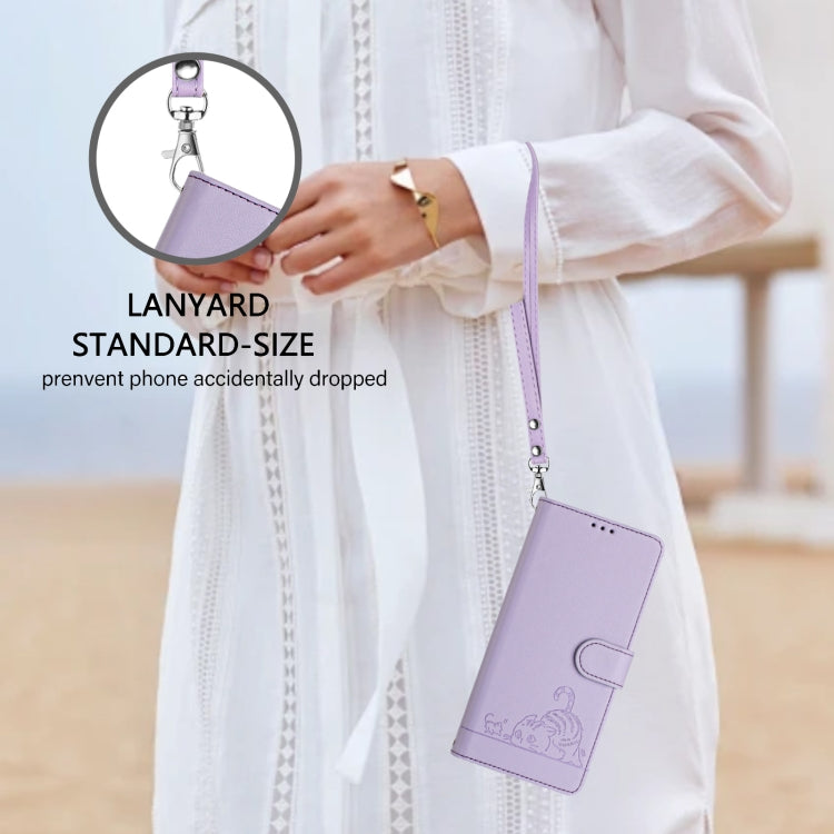 For OnePlus 9R / 8T Cat Rat Embossed Pattern RFID Leather Phone Case with Lanyard(Purple) by buy2fix