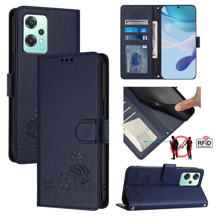 For OnePlus Nord 2 Lite Cat Rat Embossed Pattern RFID Leather Phone Case with Lanyard(Blue) by buy2fix