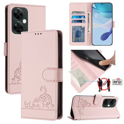 For OnePlus Nord CE 3 Lite 5G Cat Rat Embossed Pattern RFID Leather Phone Case with Lanyard(Pink) by buy2fix