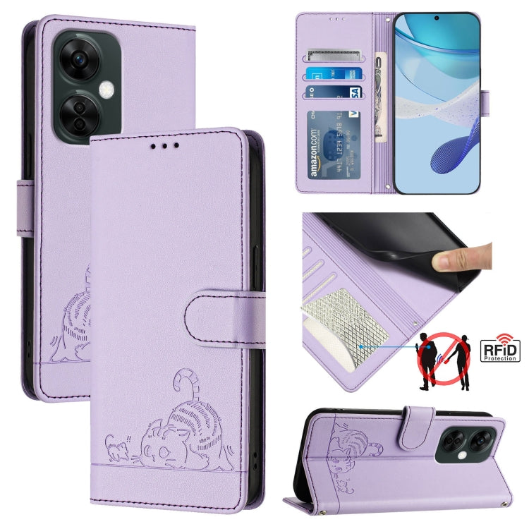 For OnePlus Nord CE 3 Lite 5G Cat Rat Embossed Pattern RFID Leather Phone Case with Lanyard(Purple) by buy2fix