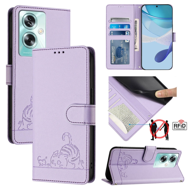 For OnePlus Nord N30 SE 5G Cat Rat Embossed Pattern RFID Leather Phone Case with Lanyard(Purple) by buy2fix