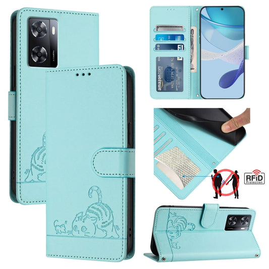 For OnePlus Nord N20 SE 4G Global Cat Rat Embossed Pattern RFID Leather Phone Case with Lanyard(Mint Green) by buy2fix