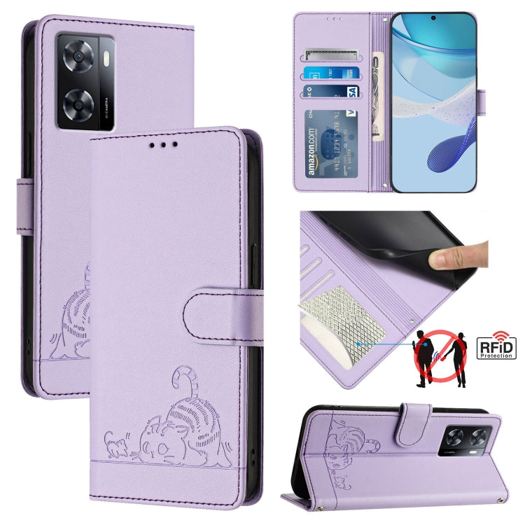 For OnePlus Nord N20 SE 4G Global Cat Rat Embossed Pattern RFID Leather Phone Case with Lanyard(Purple) by buy2fix