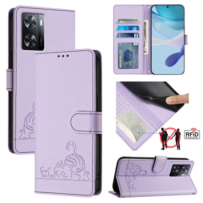 For OnePlus Nord N20 SE 4G Global Cat Rat Embossed Pattern RFID Leather Phone Case with Lanyard(Purple) by buy2fix