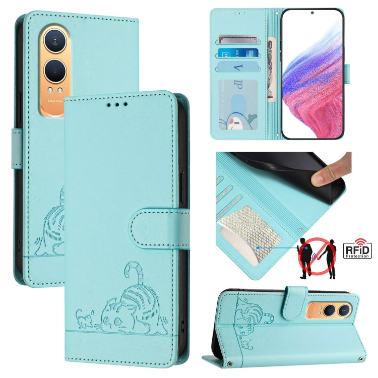For OnePlus Nord CE4 Lite Cat Rat Embossed Pattern RFID Leather Phone Case with Lanyard(Mint Green) by buy2fix