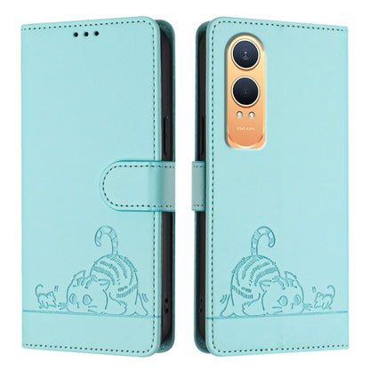For OnePlus Nord CE4 Lite Cat Rat Embossed Pattern RFID Leather Phone Case with Lanyard(Mint Green) by buy2fix