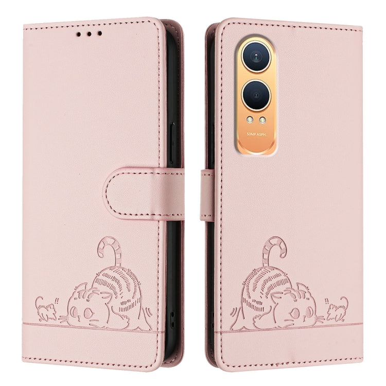 For OnePlus Nord CE4 Lite Cat Rat Embossed Pattern RFID Leather Phone Case with Lanyard(Pink) by buy2fix