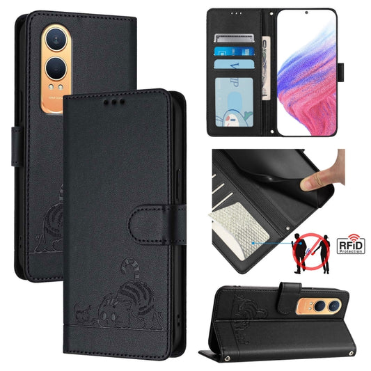 For OnePlus Nord CE4 Lite Cat Rat Embossed Pattern RFID Leather Phone Case with Lanyard(Black) by buy2fix