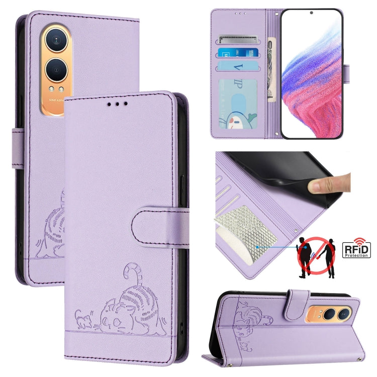 For OnePlus Nord CE4 Lite Cat Rat Embossed Pattern RFID Leather Phone Case with Lanyard(Purple) by buy2fix