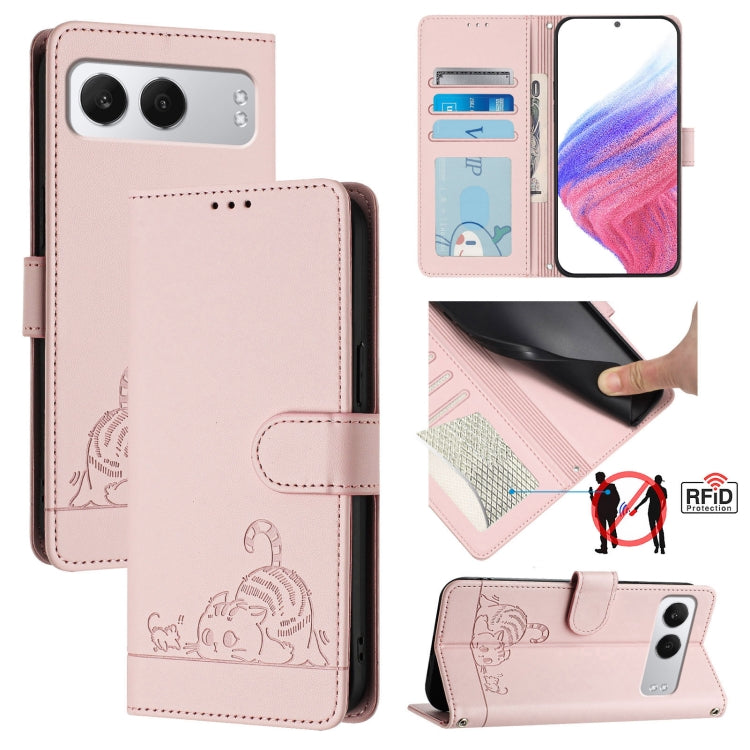 For OnePlus Nord 4 5G Cat Rat Embossed Pattern RFID Leather Phone Case with Lanyard(Pink) by buy2fix