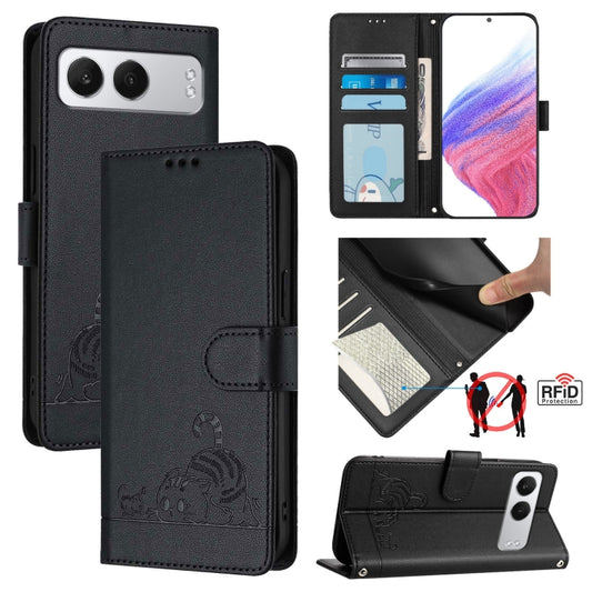 For OnePlus Nord 4 5G Cat Rat Embossed Pattern RFID Leather Phone Case with Lanyard(Black) by buy2fix