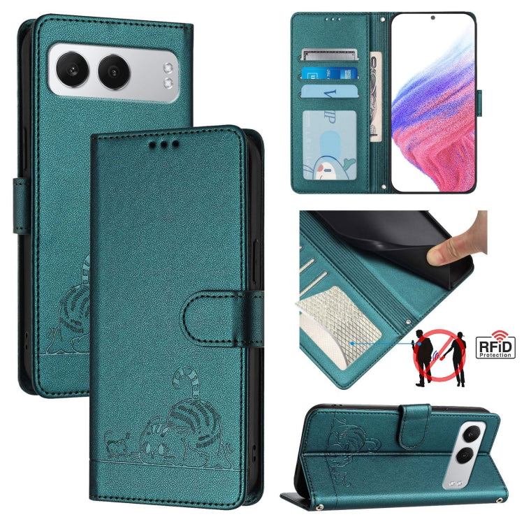 For OnePlus Nord 4 5G Cat Rat Embossed Pattern RFID Leather Phone Case with Lanyard(Peacock Green) by buy2fix