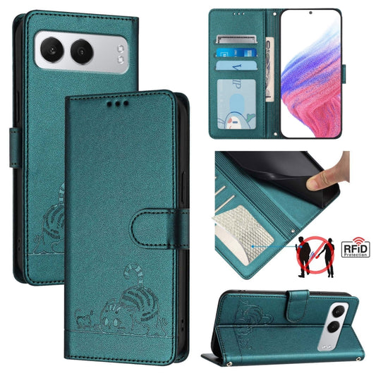 For OnePlus Nord 4 5G Cat Rat Embossed Pattern RFID Leather Phone Case with Lanyard(Peacock Green) by buy2fix
