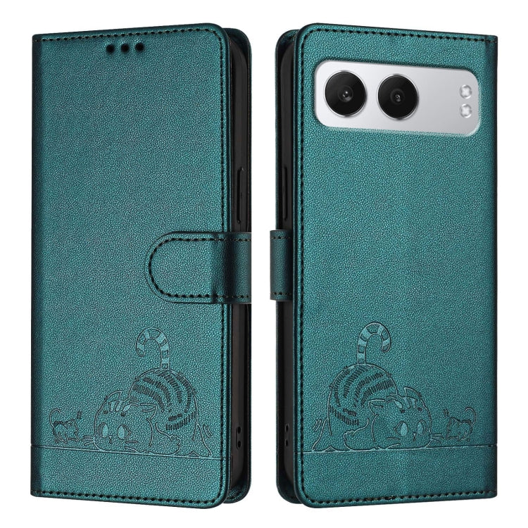 For OnePlus Nord 4 5G Cat Rat Embossed Pattern RFID Leather Phone Case with Lanyard(Peacock Green) by buy2fix