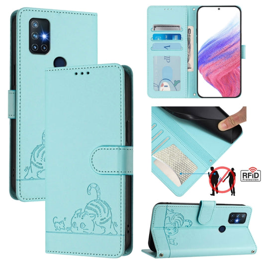 For OnePlus Nord N10 5G Cat Rat Embossed Pattern RFID Leather Phone Case with Lanyard(Mint Green) by buy2fix