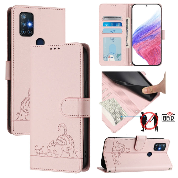For OnePlus Nord N10 5G Cat Rat Embossed Pattern RFID Leather Phone Case with Lanyard(Pink) by buy2fix