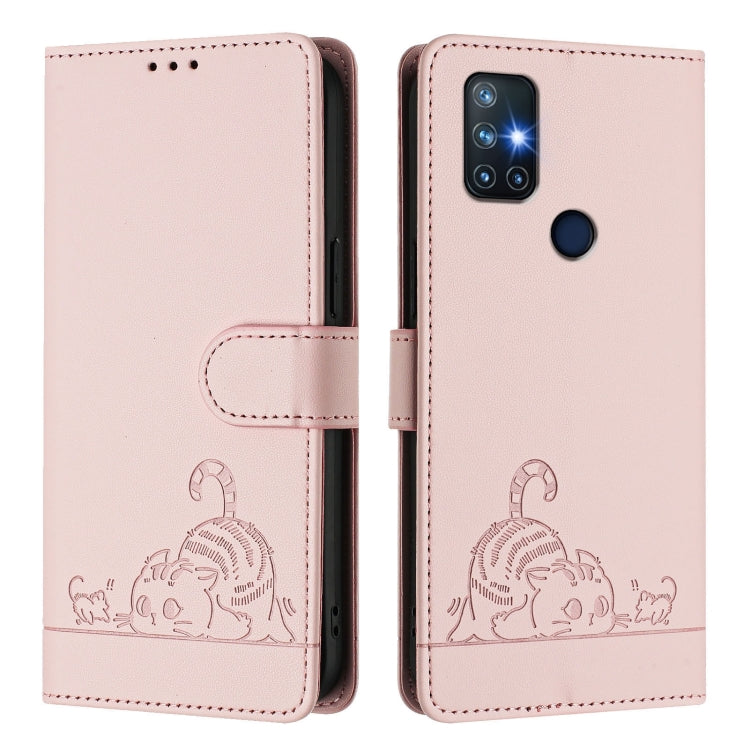 For OnePlus Nord N10 5G Cat Rat Embossed Pattern RFID Leather Phone Case with Lanyard(Pink) by buy2fix