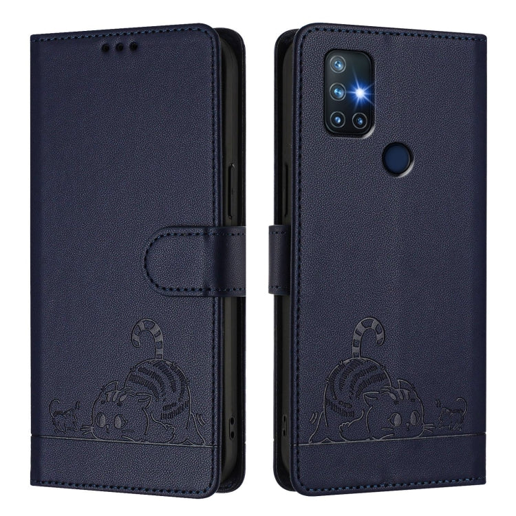 For OnePlus Nord N10 5G Cat Rat Embossed Pattern RFID Leather Phone Case with Lanyard(Blue) by buy2fix