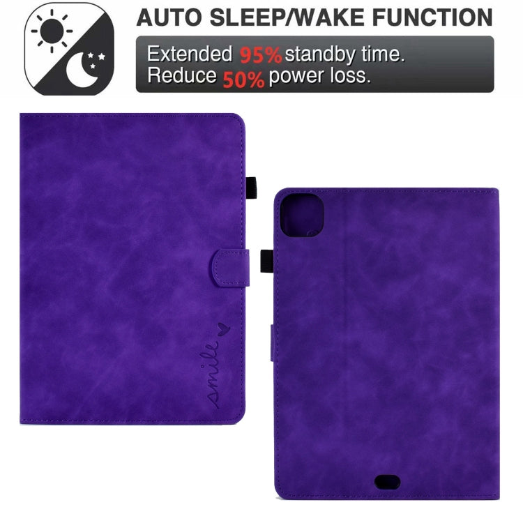 For iPad Pro 11 2024 Embossed Smile Smart Leather Tablet Case(Purple) - iPad Pro 11 2024 Cases by buy2fix | Online Shopping UK | buy2fix