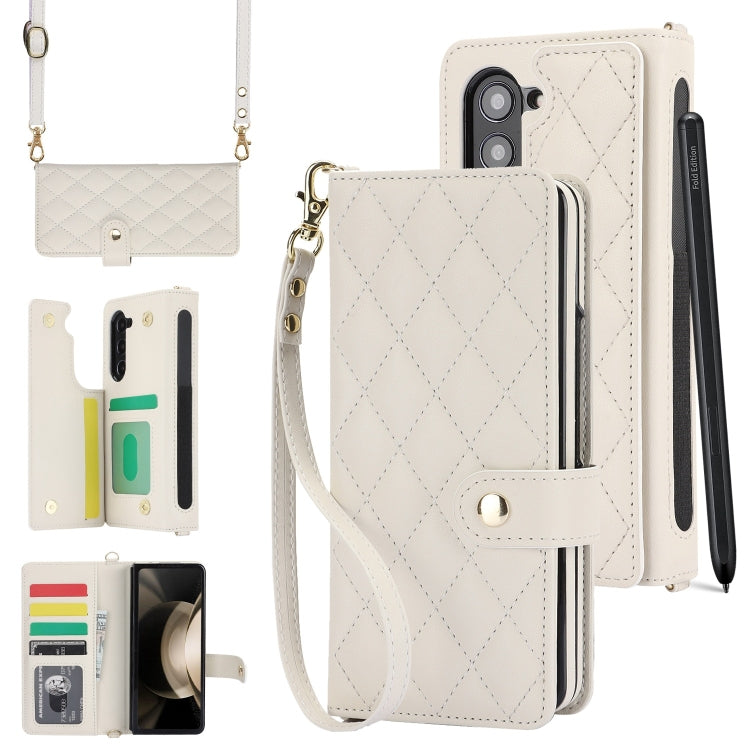 For Samsung Galaxy Z Fold5 Crossbody Multifunction Rhombic Leather Phone Case(White) - Galaxy Z Fold5 Cases by buy2fix | Online Shopping UK | buy2fix