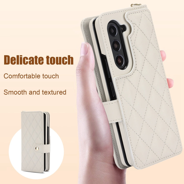 For Samsung Galaxy Z Fold5 Crossbody Multifunction Rhombic Leather Phone Case(White) - Galaxy Z Fold5 Cases by buy2fix | Online Shopping UK | buy2fix