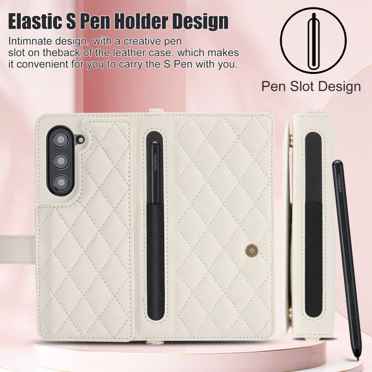 For Samsung Galaxy Z Fold5 Crossbody Multifunction Rhombic Leather Phone Case(White) - Galaxy Z Fold5 Cases by buy2fix | Online Shopping UK | buy2fix
