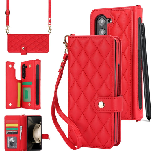 For Samsung Galaxy Z Fold5 Crossbody Multifunction Rhombic Leather Phone Case(Red) - Galaxy Z Fold5 Cases by buy2fix | Online Shopping UK | buy2fix