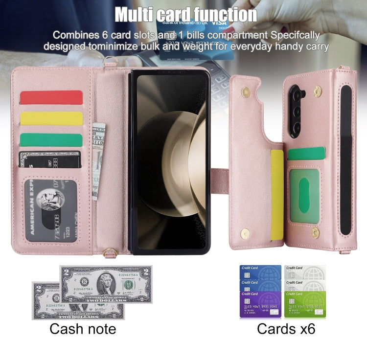 For Samsung Galaxy Z Fold5 Crossbody Multifunction Rhombic Leather Phone Case(Rose Gold) - Galaxy Z Fold5 Cases by buy2fix | Online Shopping UK | buy2fix