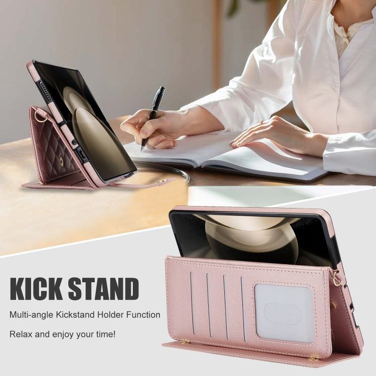 For Samsung Galaxy Z Fold5 Crossbody Multifunction Rhombic Leather Phone Case(Rose Gold) - Galaxy Z Fold5 Cases by buy2fix | Online Shopping UK | buy2fix