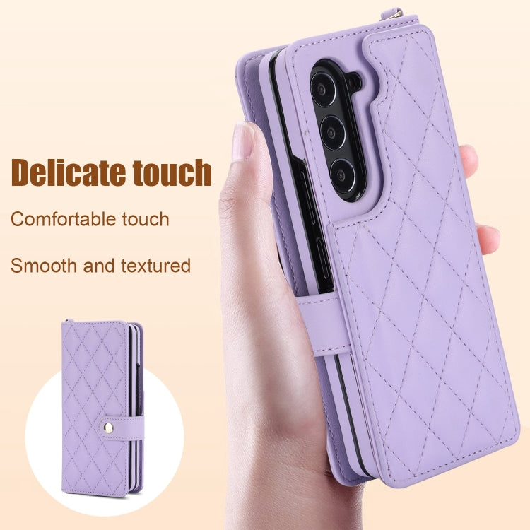 For Samsung Galaxy Z Fold5 Crossbody Multifunction Rhombic Leather Phone Case(Purple) - Galaxy Z Fold5 Cases by buy2fix | Online Shopping UK | buy2fix