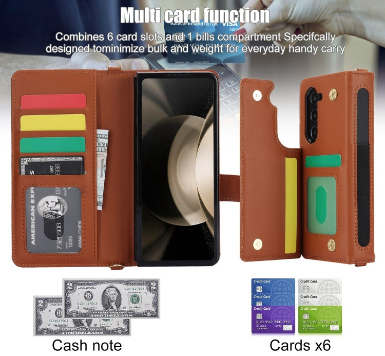 For Samsung Galaxy Z Fold5 Crossbody Multifunction Rhombic Leather Phone Case(Brown) - Galaxy Z Fold5 Cases by buy2fix | Online Shopping UK | buy2fix