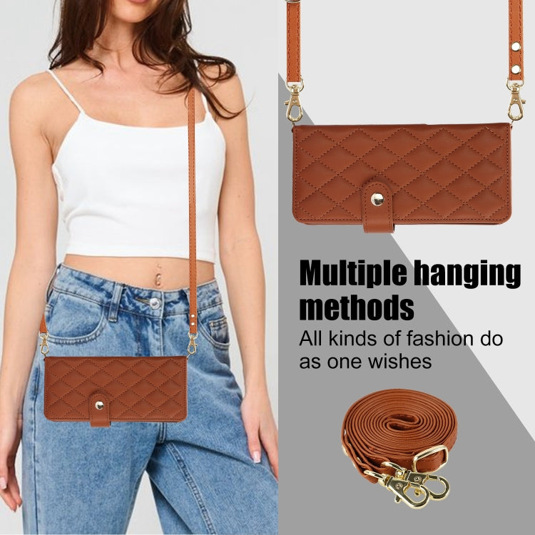 For Samsung Galaxy Z Fold5 Crossbody Multifunction Rhombic Leather Phone Case(Brown) - Galaxy Z Fold5 Cases by buy2fix | Online Shopping UK | buy2fix