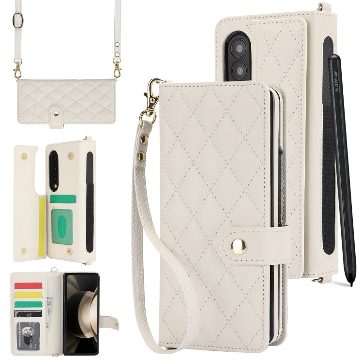 For Samsung Galaxy Z Fold4 Crossbody Multifunction Rhombic Leather Phone Case(White) - Galaxy Z Fold4 5G Cases by buy2fix | Online Shopping UK | buy2fix