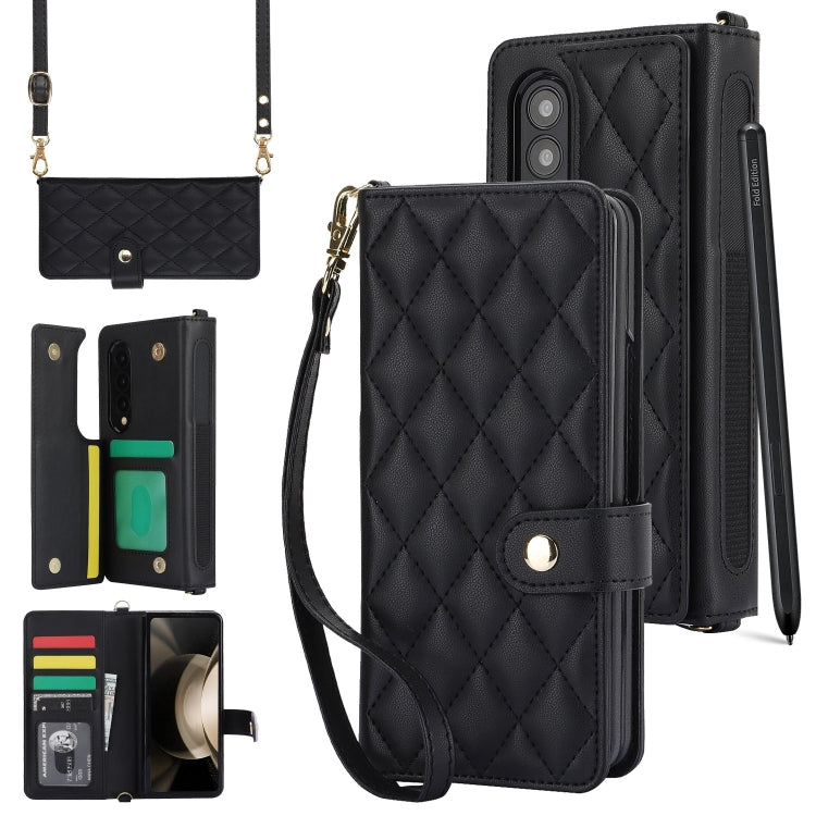 For Samsung Galaxy Z Fold4 Crossbody Multifunction Rhombic Leather Phone Case(Black) - Galaxy Z Fold4 5G Cases by buy2fix | Online Shopping UK | buy2fix