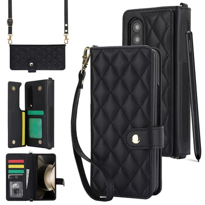 For Samsung Galaxy Z Fold4 Crossbody Multifunction Rhombic Leather Phone Case(Black) - Galaxy Z Fold4 5G Cases by buy2fix | Online Shopping UK | buy2fix