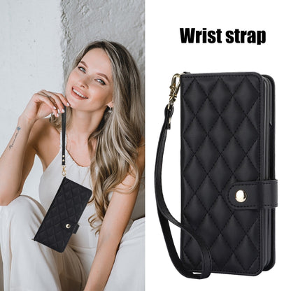For Samsung Galaxy Z Fold4 Crossbody Multifunction Rhombic Leather Phone Case(Black) - Galaxy Z Fold4 5G Cases by buy2fix | Online Shopping UK | buy2fix