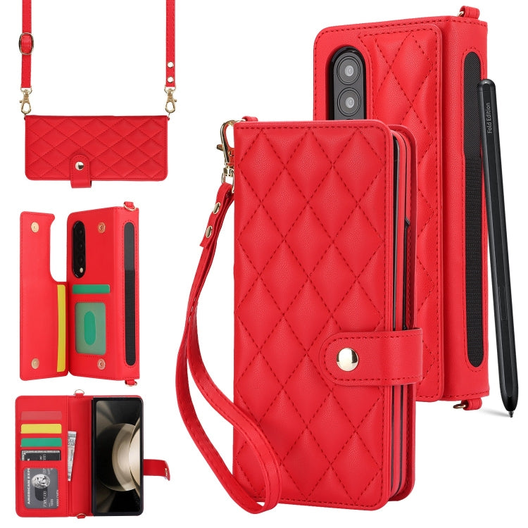For Samsung Galaxy Z Fold4 Crossbody Multifunction Rhombic Leather Phone Case(Red) - Galaxy Z Fold4 5G Cases by buy2fix | Online Shopping UK | buy2fix