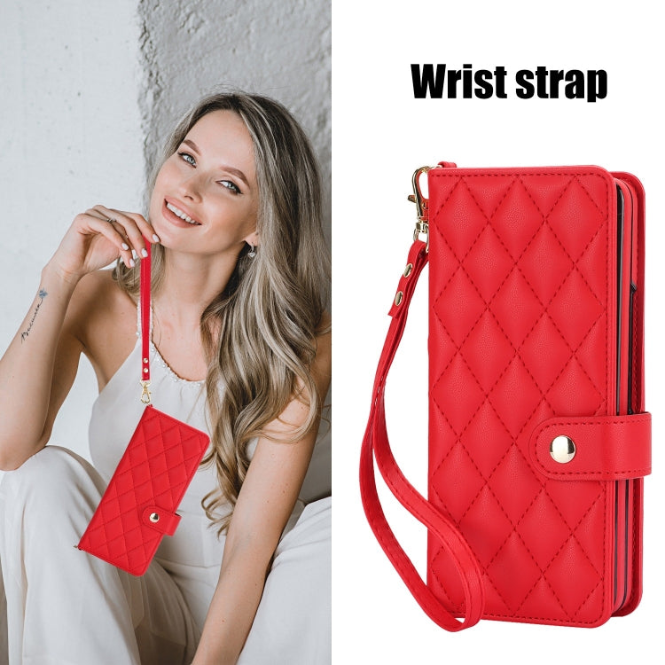 For Samsung Galaxy Z Fold4 Crossbody Multifunction Rhombic Leather Phone Case(Red) - Galaxy Z Fold4 5G Cases by buy2fix | Online Shopping UK | buy2fix