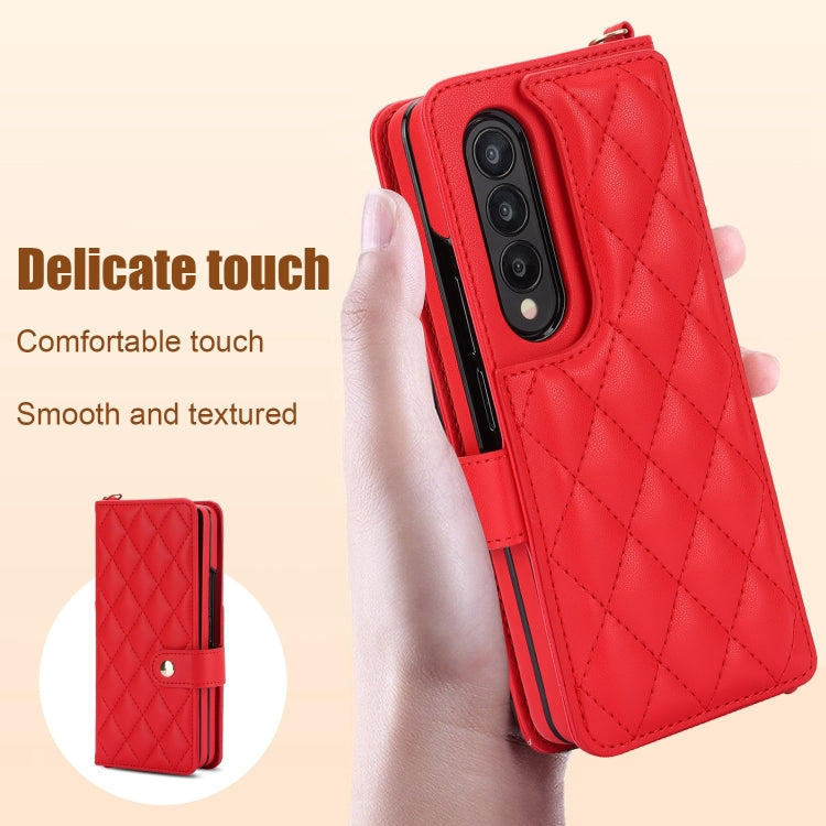 For Samsung Galaxy Z Fold4 Crossbody Multifunction Rhombic Leather Phone Case(Red) - Galaxy Z Fold4 5G Cases by buy2fix | Online Shopping UK | buy2fix