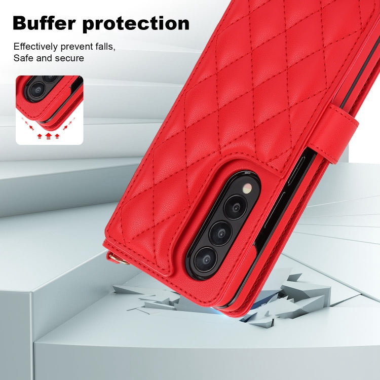 For Samsung Galaxy Z Fold4 Crossbody Multifunction Rhombic Leather Phone Case(Red) - Galaxy Z Fold4 5G Cases by buy2fix | Online Shopping UK | buy2fix