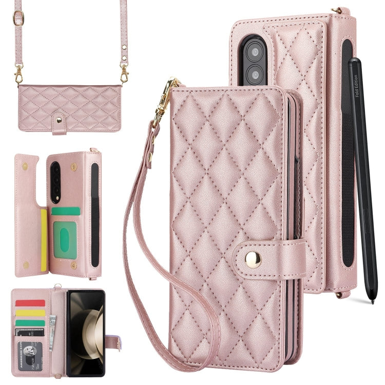 For Samsung Galaxy Z Fold4 Crossbody Multifunction Rhombic Leather Phone Case(Rose Gold) - Galaxy Z Fold4 5G Cases by buy2fix | Online Shopping UK | buy2fix
