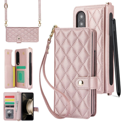 For Samsung Galaxy Z Fold4 Crossbody Multifunction Rhombic Leather Phone Case(Rose Gold) - Galaxy Z Fold4 5G Cases by buy2fix | Online Shopping UK | buy2fix