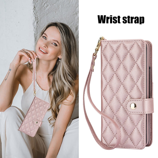 For Samsung Galaxy Z Fold4 Crossbody Multifunction Rhombic Leather Phone Case(Rose Gold) - Galaxy Z Fold4 5G Cases by buy2fix | Online Shopping UK | buy2fix