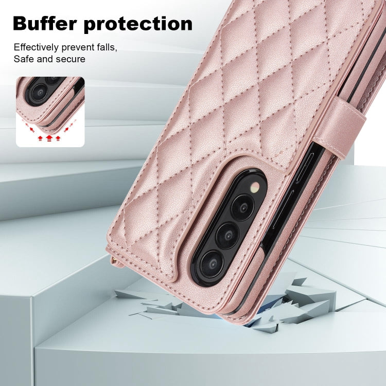 For Samsung Galaxy Z Fold4 Crossbody Multifunction Rhombic Leather Phone Case(Rose Gold) - Galaxy Z Fold4 5G Cases by buy2fix | Online Shopping UK | buy2fix