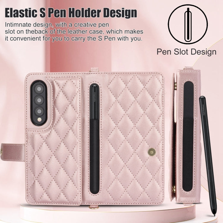 For Samsung Galaxy Z Fold4 Crossbody Multifunction Rhombic Leather Phone Case(Rose Gold) - Galaxy Z Fold4 5G Cases by buy2fix | Online Shopping UK | buy2fix